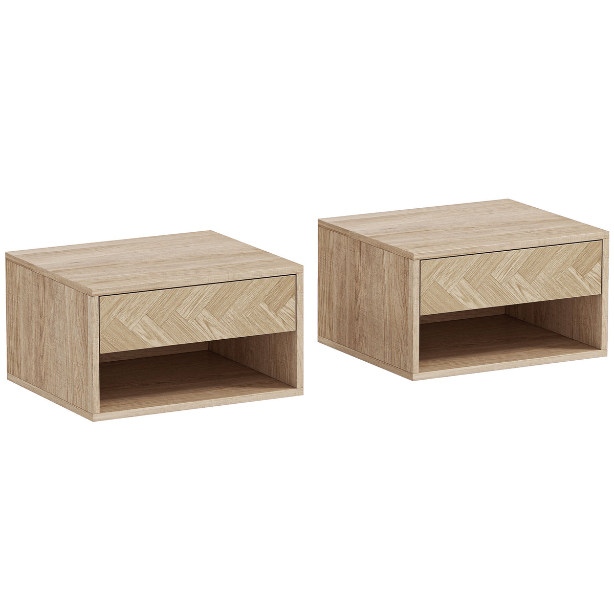 2er-Set Wandnachttische, Nachtschränke, Schublade, offenes Fach, Ablage, 37 x 32 x 21 cm, Naturholz