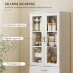 Buffet haut cuisine, armoire de cuisine, 4 portes dont 2 en verre, tiroirs, étagères réglables, 60x35x180cm, blanc