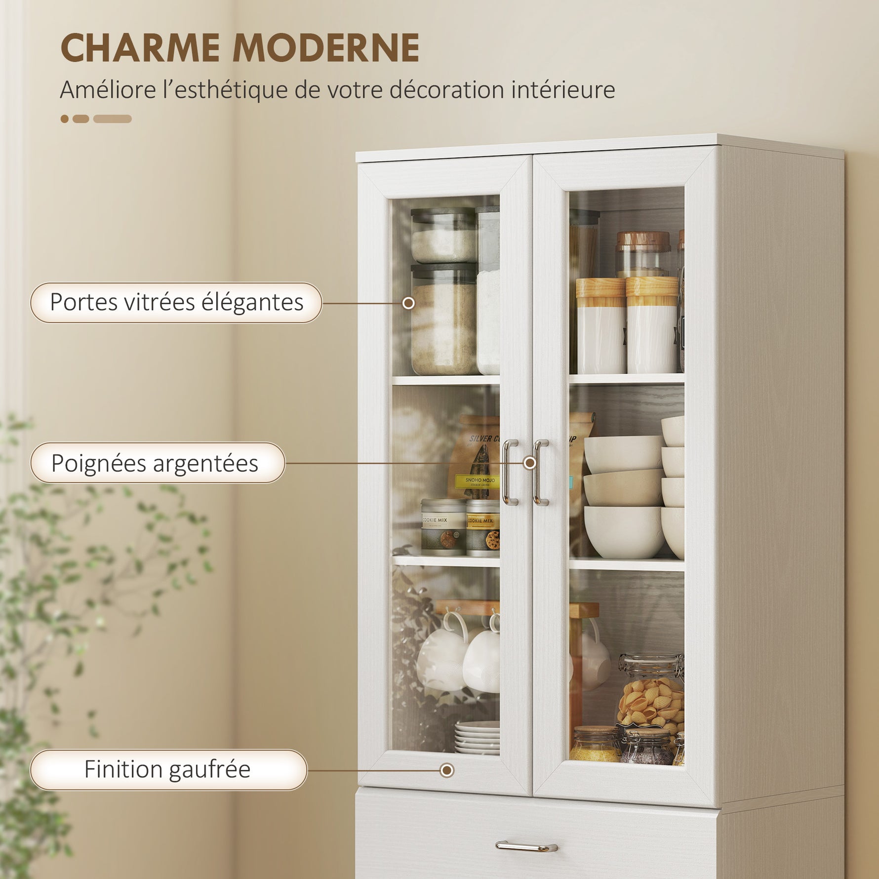 Buffet haut cuisine, armoire de cuisine, 4 portes dont 2 en verre, tiroirs, étagères réglables, 60x35x180cm, blanc
