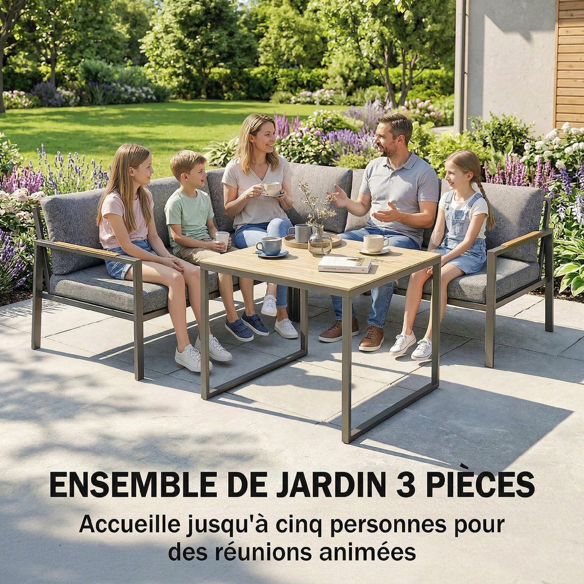 Salon de Jardin Extérieur 3 Pièces 5 Personnes, 2 Canapés avec Coussins Épais, 1 Table Basse, 183x183x72cm, Gris Foncé