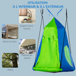 Balançoire nid d'oiseau Ronde avec Tente Amovible Ø 100 cm 4 Anneaux Inclus métal époxy Oxford Haute densité - Vert et Bleu