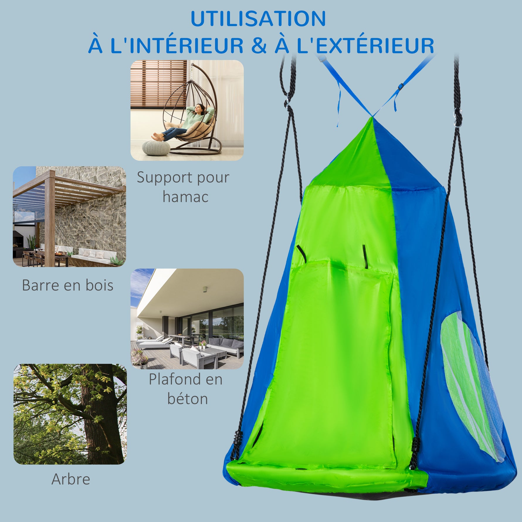 Balançoire nid d'oiseau Ronde avec Tente Amovible Ø 100 cm 4 Anneaux Inclus métal époxy Oxford Haute densité - Vert et Bleu