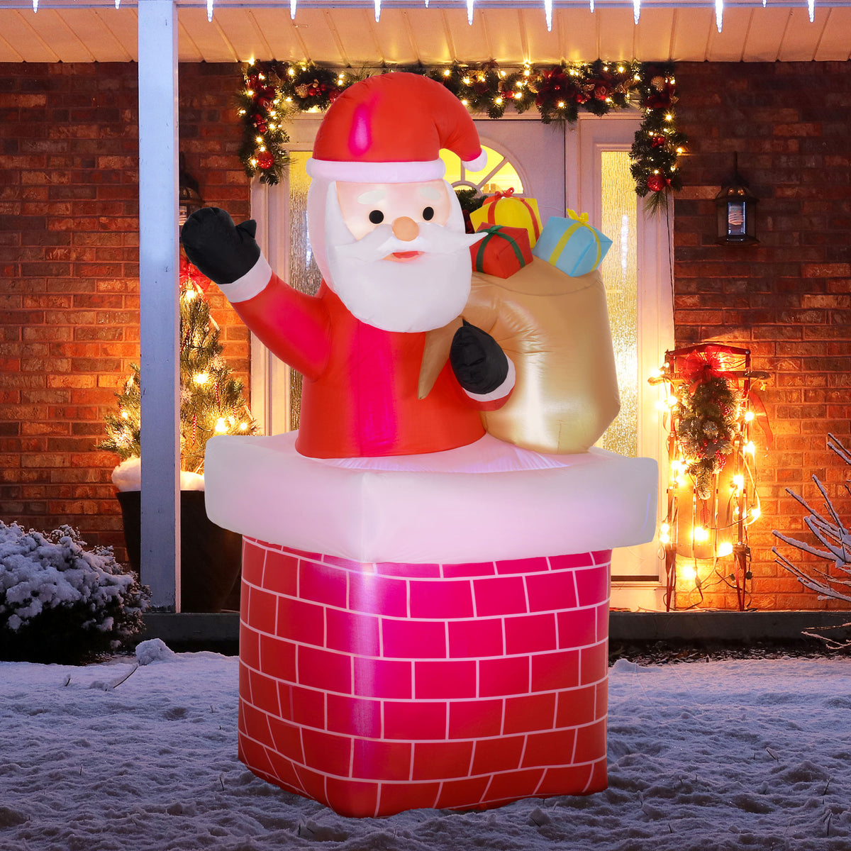 Aufblasbarer Weihnachtsmann Weihnachtsdekoration für den Außenbereich mit LED-Lichtern, Geschenkesack und Kamin 130 x 82 x 195 cm rot