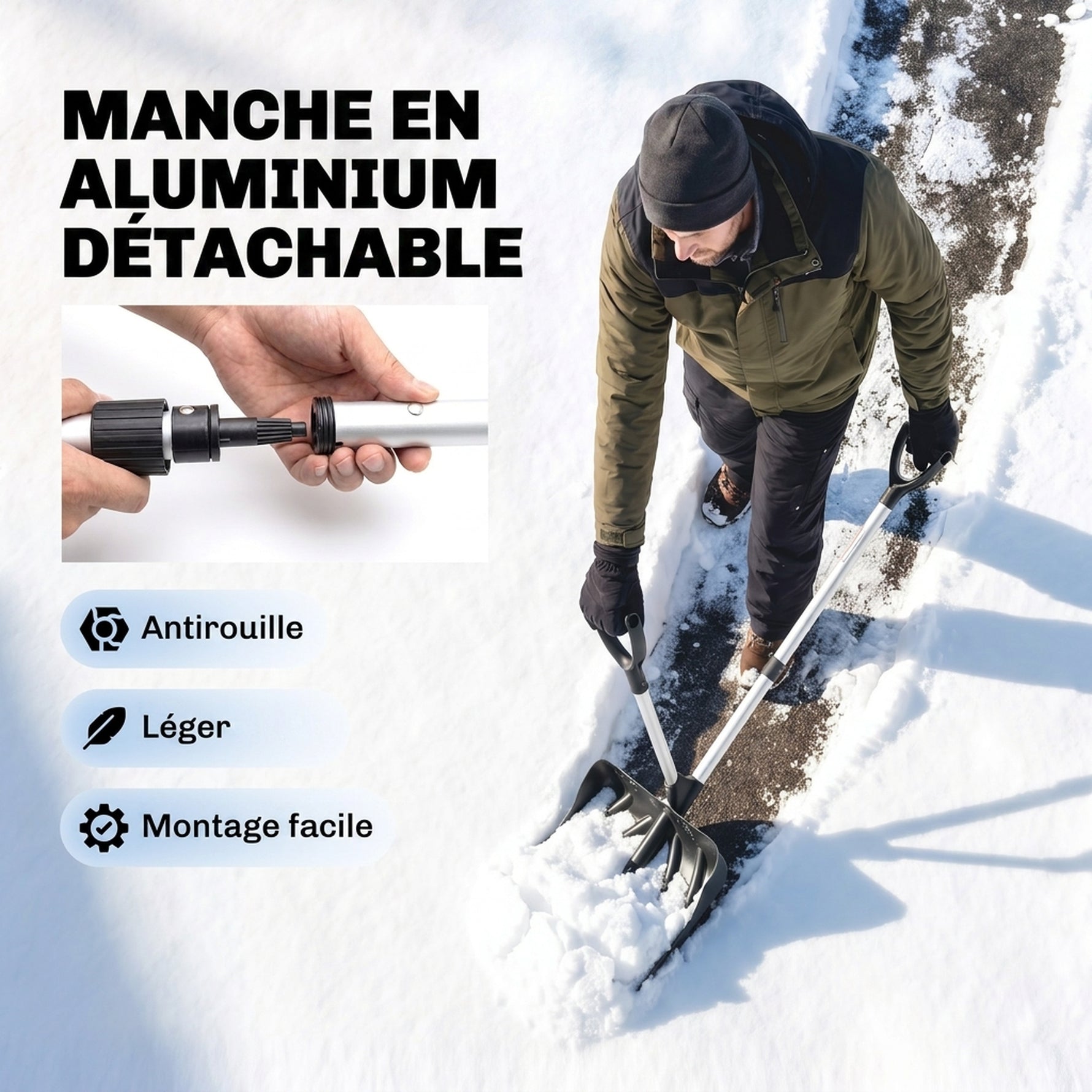 Pelle à Neige Aluminium Portable avec Poignée d'Assistance en D, Lame Large de 45 cm, Manche Amovible, Noir