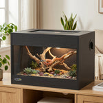 Terrarium pour Reptiles en Bois OSB, Porte en Verre Trempé, Serrure Sécurisée et Couvercle en Filet, 60x45x45cm, Noir