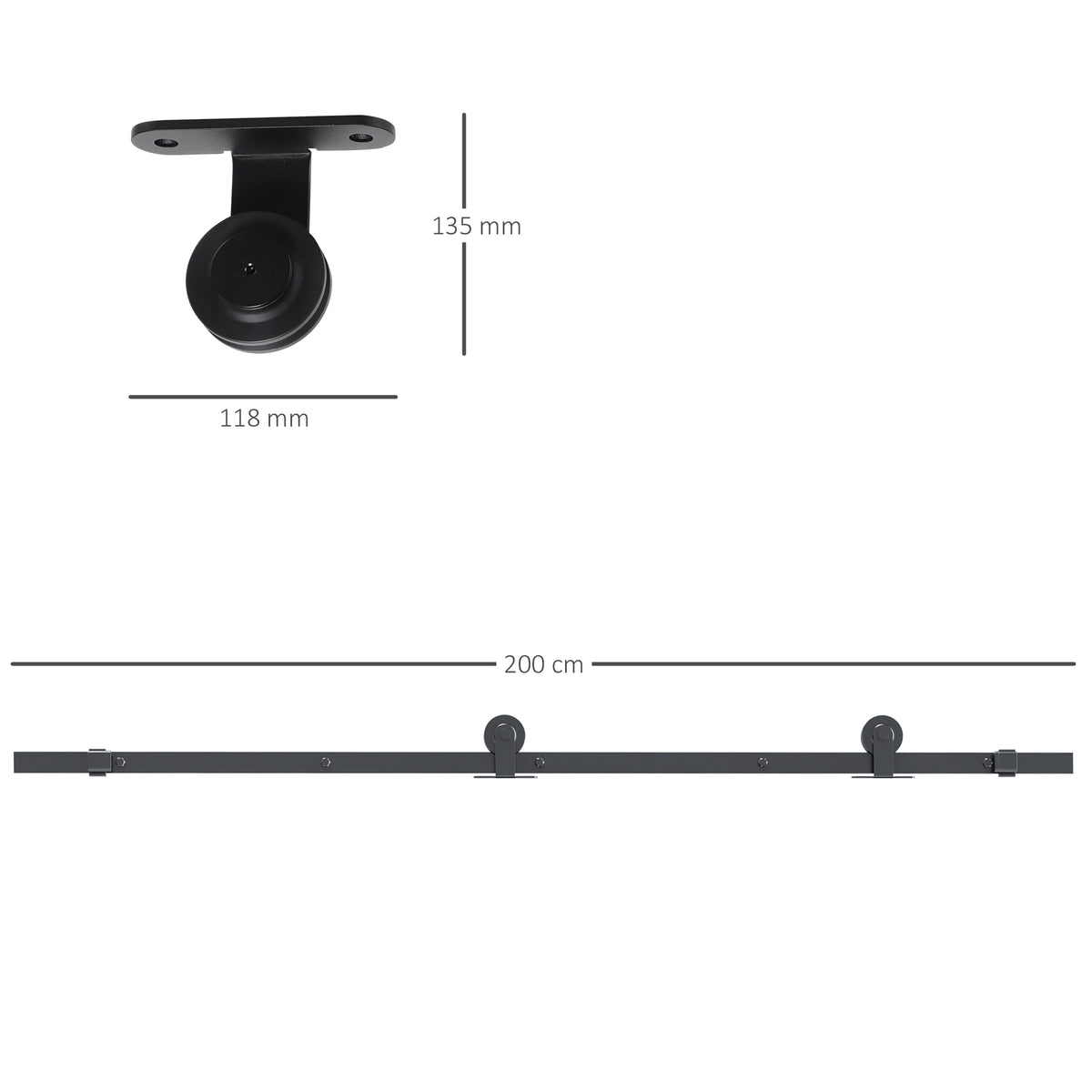 200CM Quincaillerie porte coulissante, rail porte coulissante de 100 cm de large, épaisseur 35-45 mm, charge 100 kg