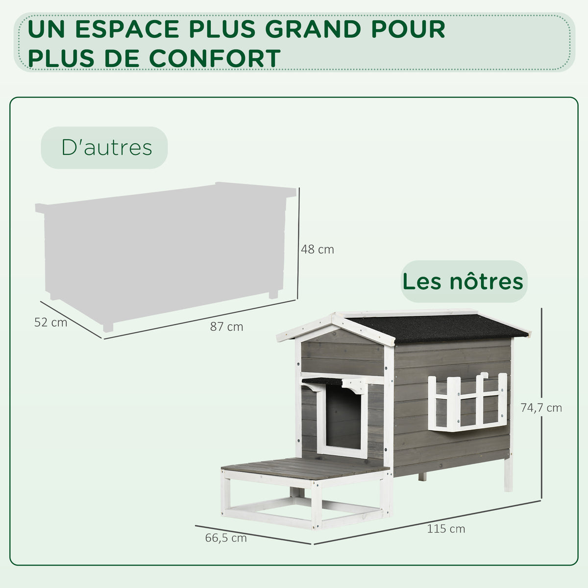 Maisonnette pour chats niche extérieure surélevé avec terrasse étanche en bois, dim. 115L x 66,5P x 74,7H cm, gris