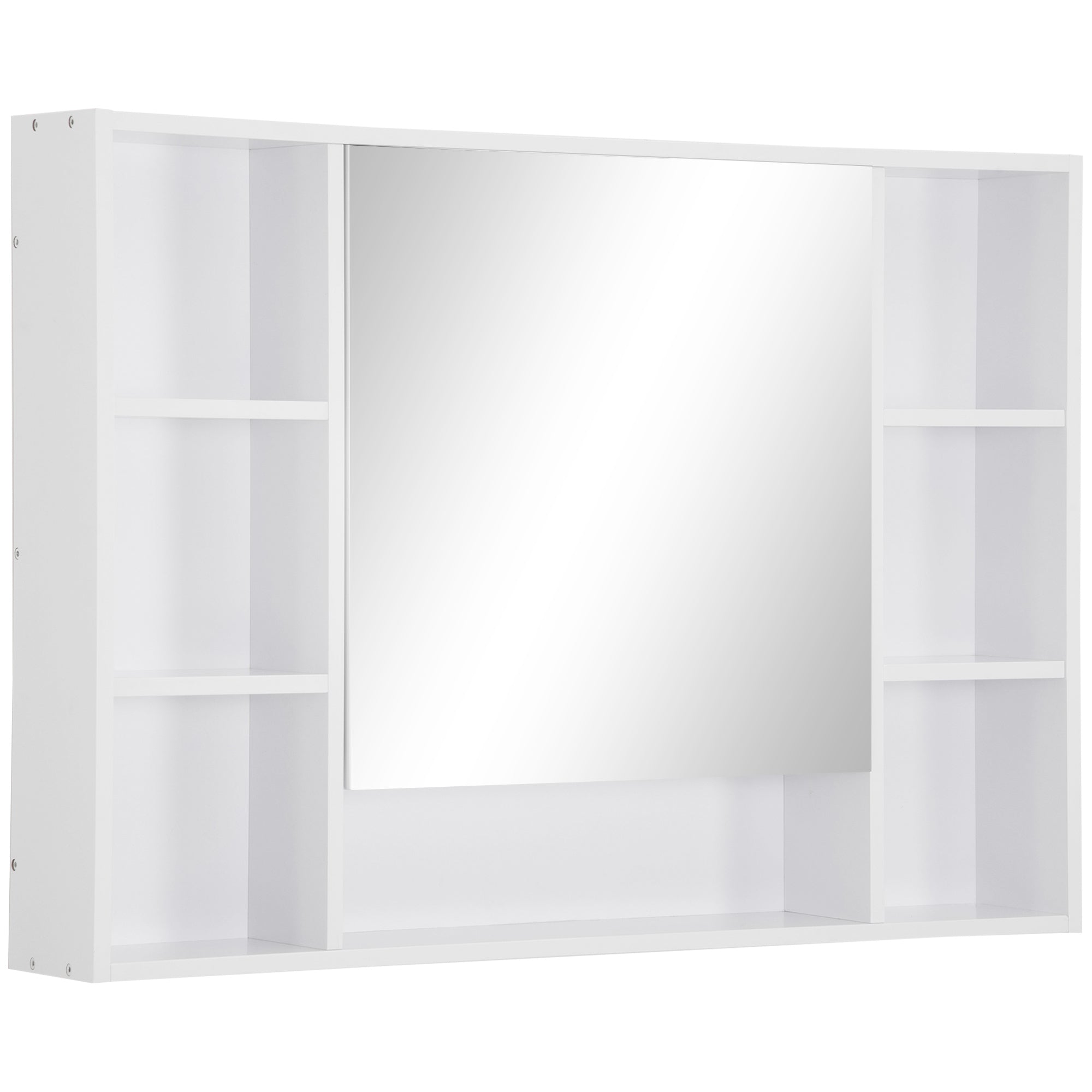 Bathroom wall cabinet with mirror, bathroom furniture, 7 open shelves and cupboard, 100 x 15 x 70 cm, white