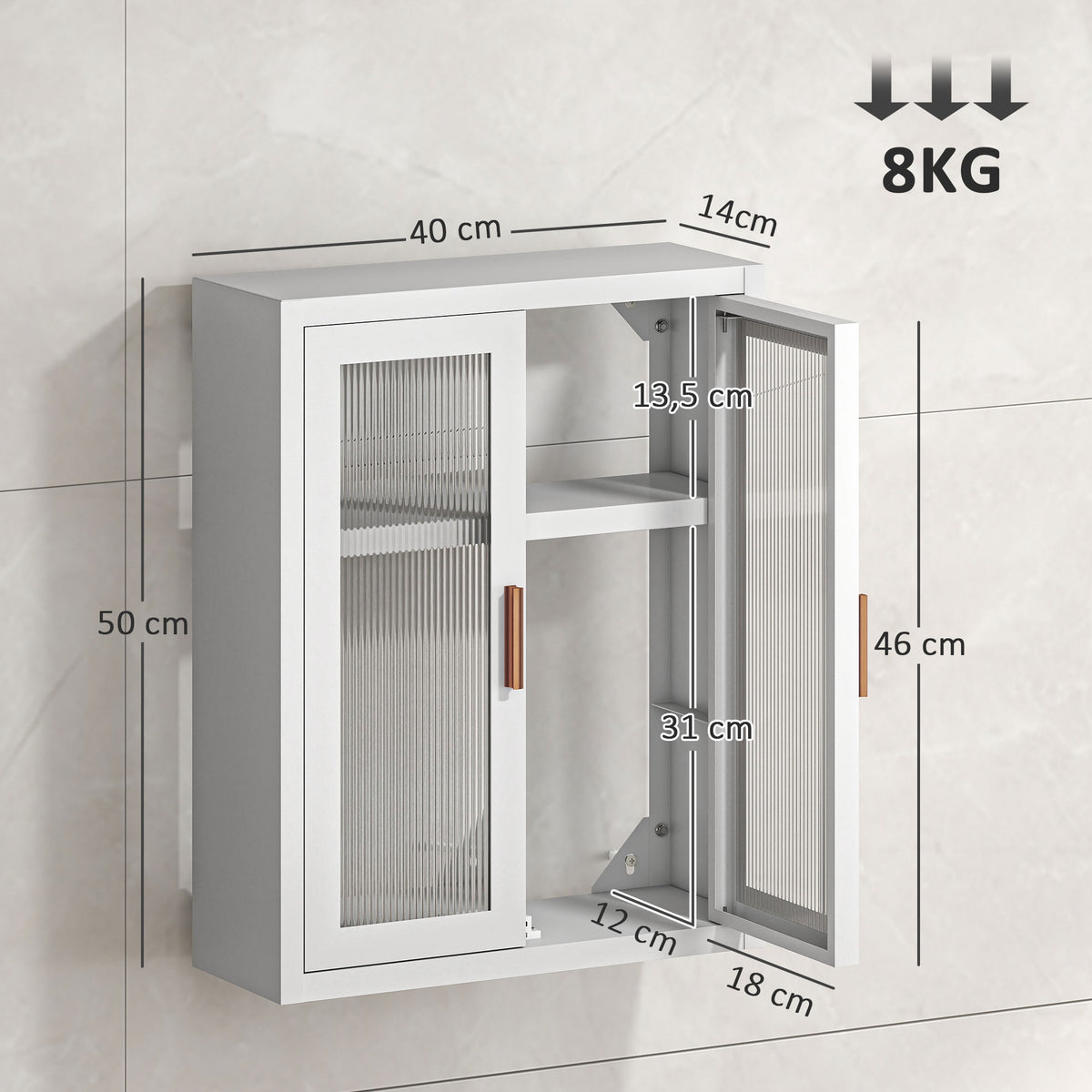 Armoire murale de salle de bain, meuble haut salle de bains avec 2 portes cannelées, étagère réglable, 40x14x50cm, blanc