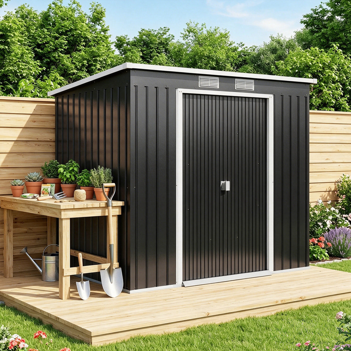Abri de jardin 2,77 m² 213 x 130 x 172 cm kit de fondation porte coulissante ventilations acier galvanisé gris foncé