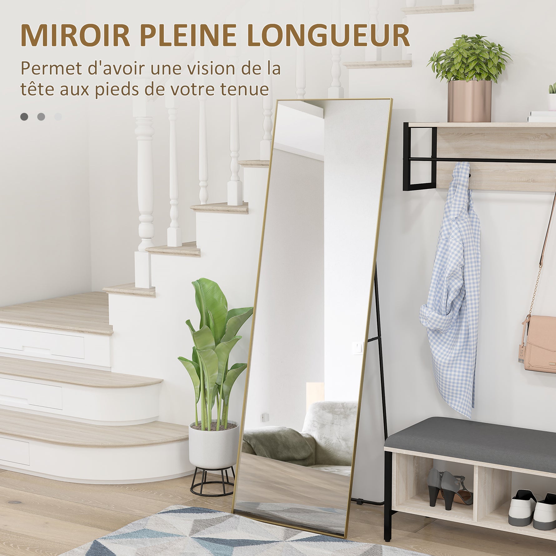 Grand miroir pleine longueur rectangulaire, 50 x 160 cm, miroir sur pied, mural ou pocé contre mur, doré