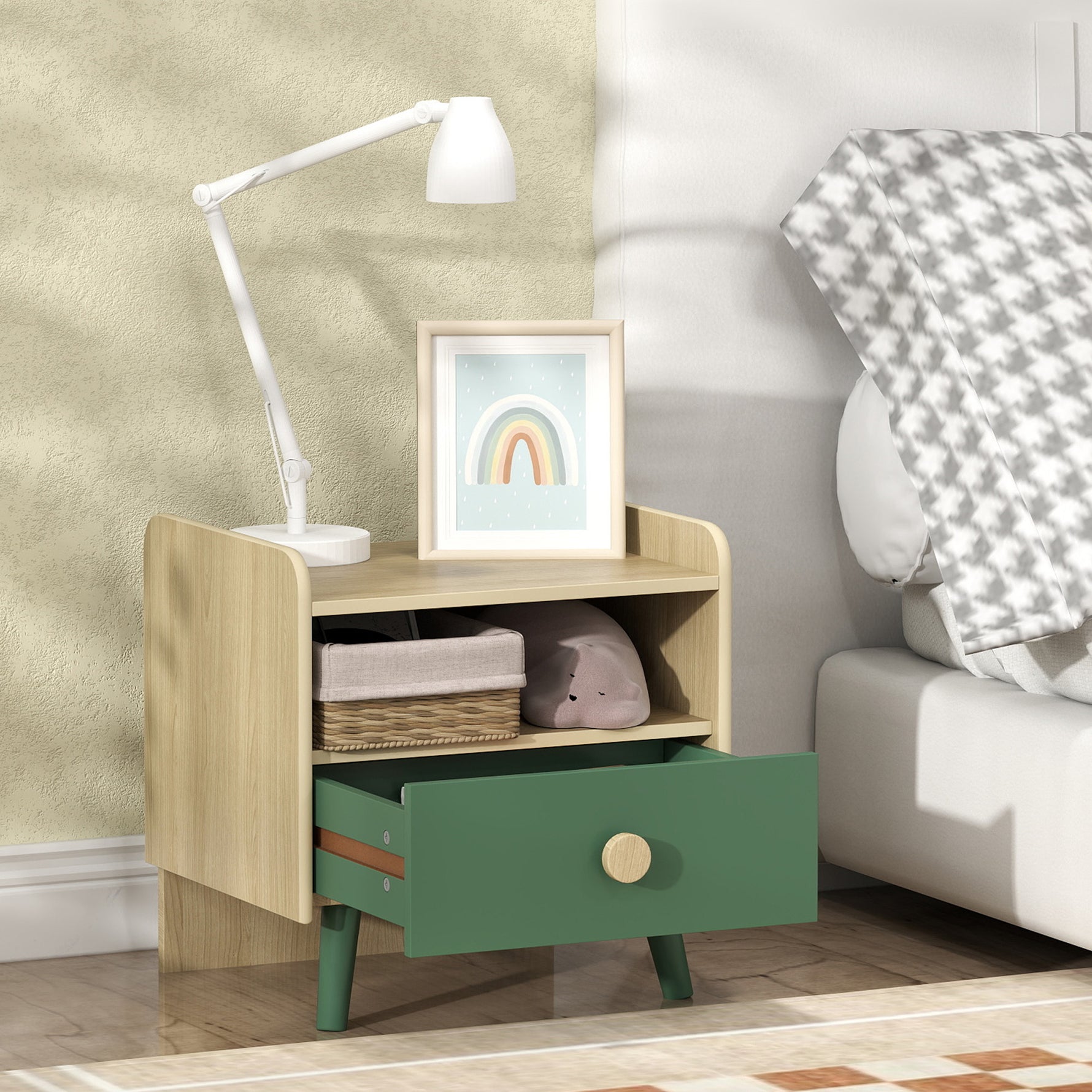 Table de chevet enfant table de nuit enfant avec tiroir et niche, petite table d'appoint en bois pour chambre d'enfant