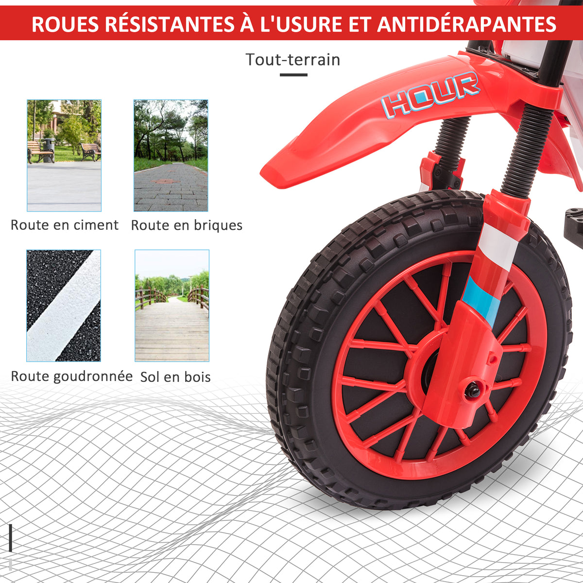 Moto Cross électrique Enfant 3 à 5 Ans 12 V 3-8 Km/h avec roulettes latérales Amovibles dim. 106,5L x 51,5l x 68H cm Rouge