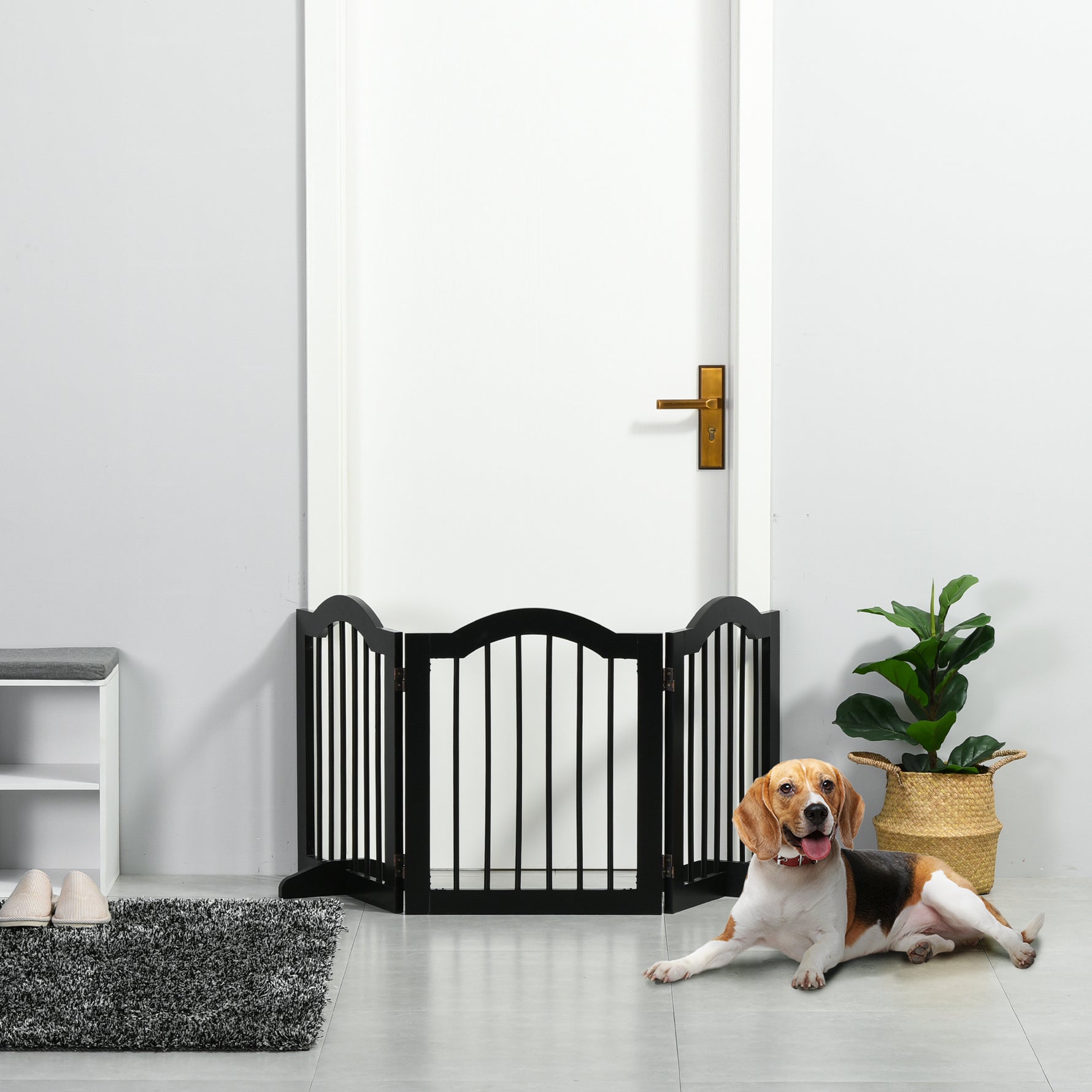 Barrière de sécurité chien barrière modulable pliable pour animaux de compagnie avec pied de support MDF bois massif 154,5 x 61 cm noir
