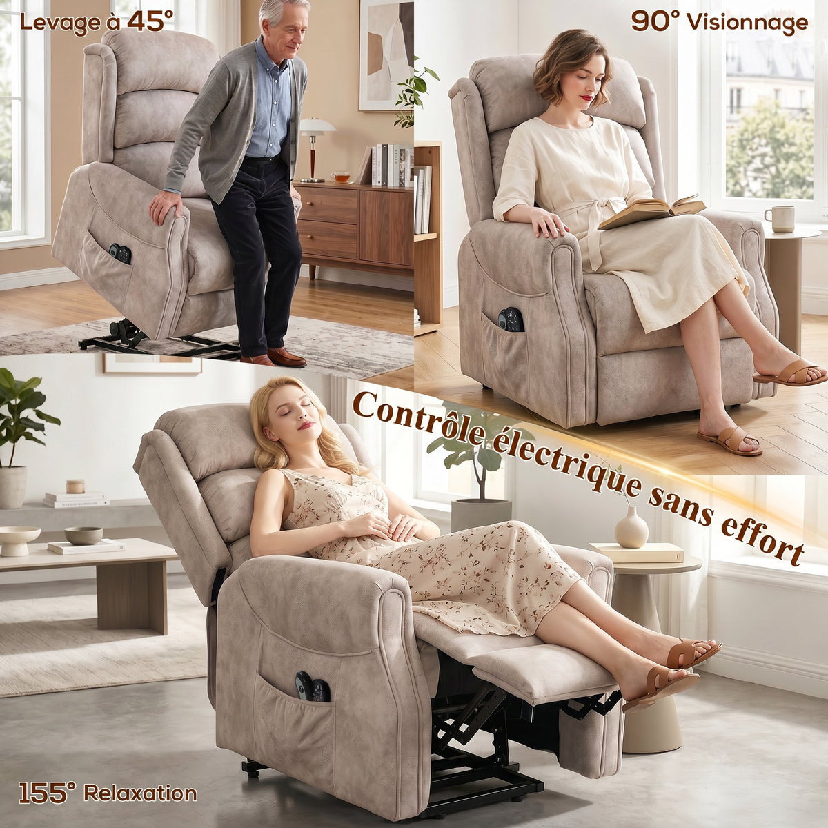 Fauteuil releveur électrique massage par vibrations et chaleur, fauteuil relax électrique en velours, 80x160x82cm, beige
