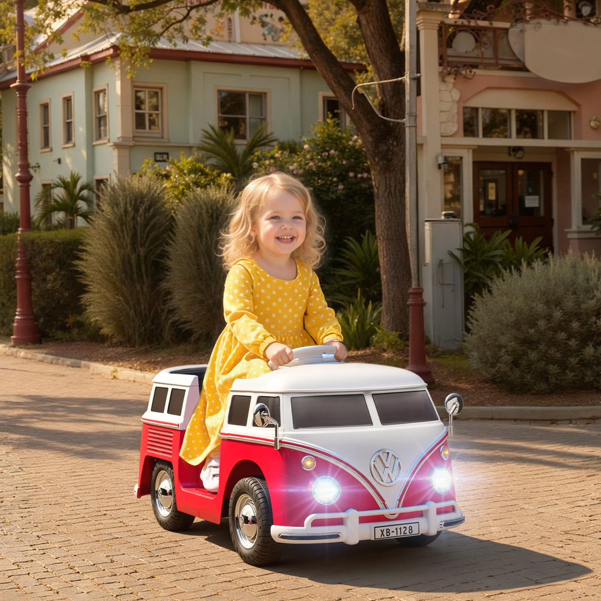 Officiële gelicentieerde Volkswagen T1 elektrische kinderauto 12V met 2 motoren soft start 89x49x41,5cm rood