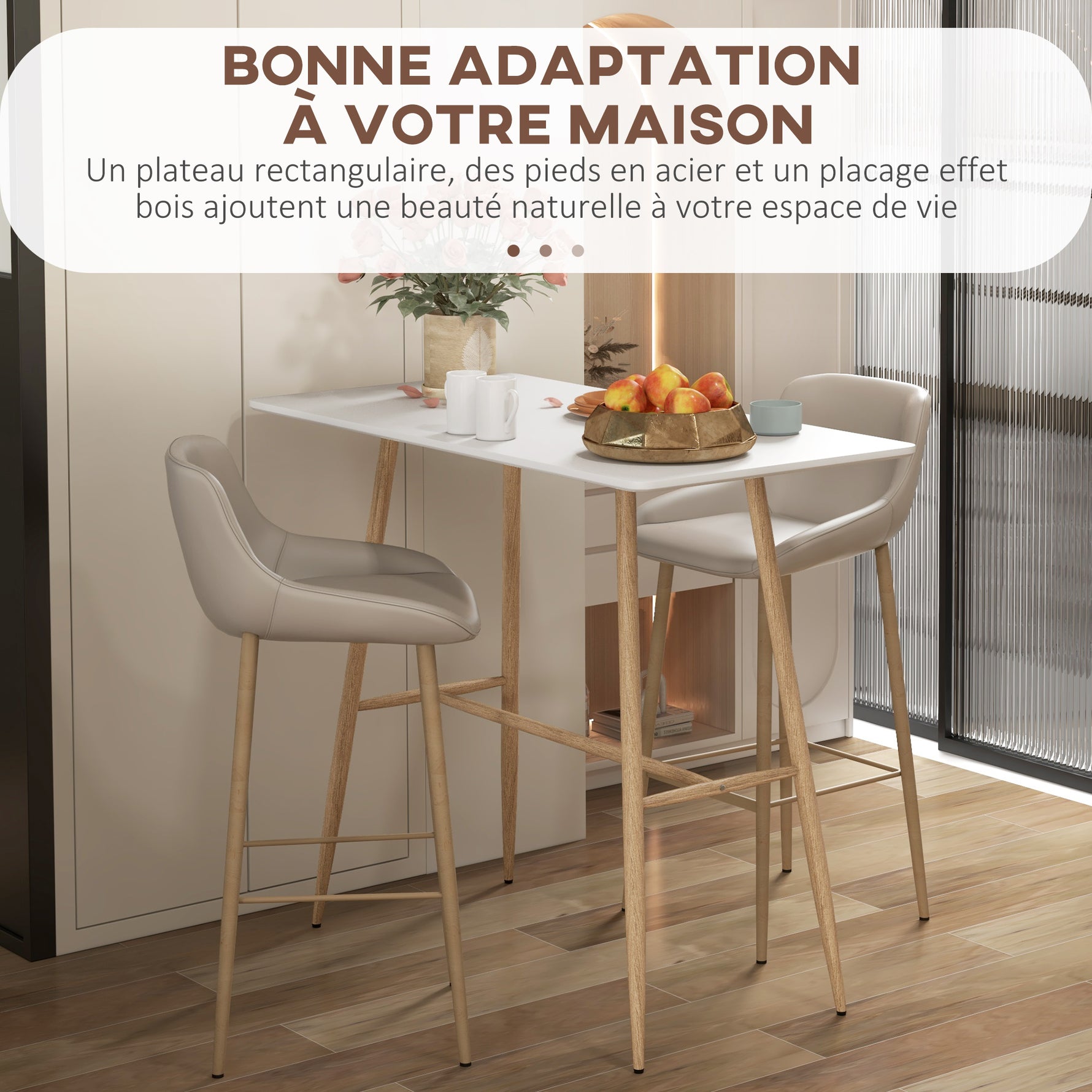 Table de bar rectangulaire 4 personne pieds en acier effet bois assemblage facile 118 x 58 x 98 cm blanc