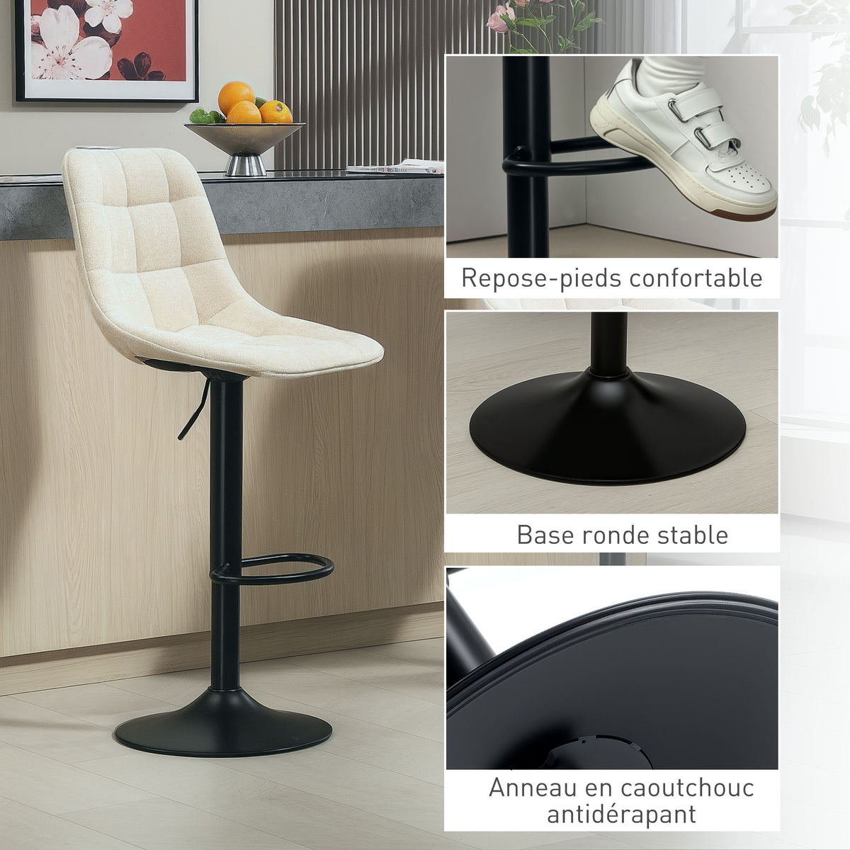 2er-Set Barhocker, höhenverstellbare Chenille-Barstühle mit 360° drehbarer Rückenlehne, 47x48x117,5 cm, Beige