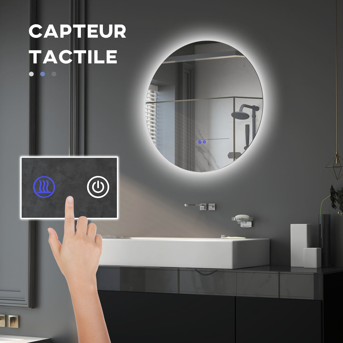 Miroir rond lumineux LED de salle de bain Ø 60 cm mural avec éclairage interrupteur tactile système antibuée  29 W gris
