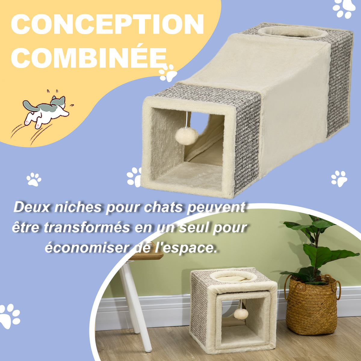 Tunnel pour chat intérieur jouets pour chats avec balle suspendue entrées multiples en sisal 98 x 30 x 30 cm crème