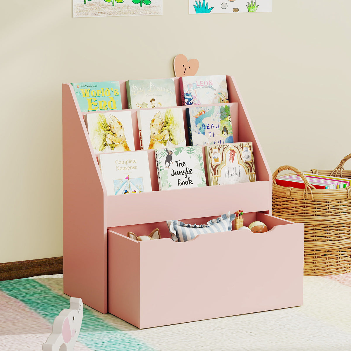 Kinderboekenrek met 3 legplanken en een lade, 62,5L x 30B x 70H cm, roze