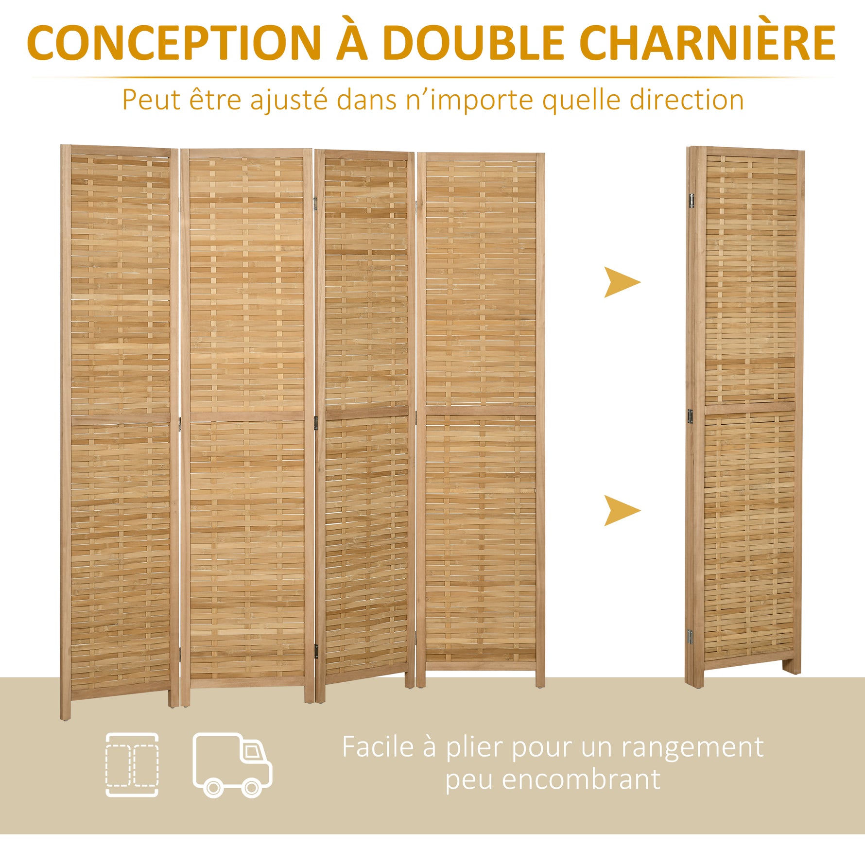 Paravent en bois séparateur de pièce closion de séparation pliable 4 panneaux en bambou 160 x 170 cm naturel clair