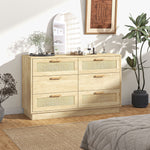 Commode design bohème en rotin avec 6 tiroirs, meuble de rangement pour le salon, le couloir, l'entrée, chêne