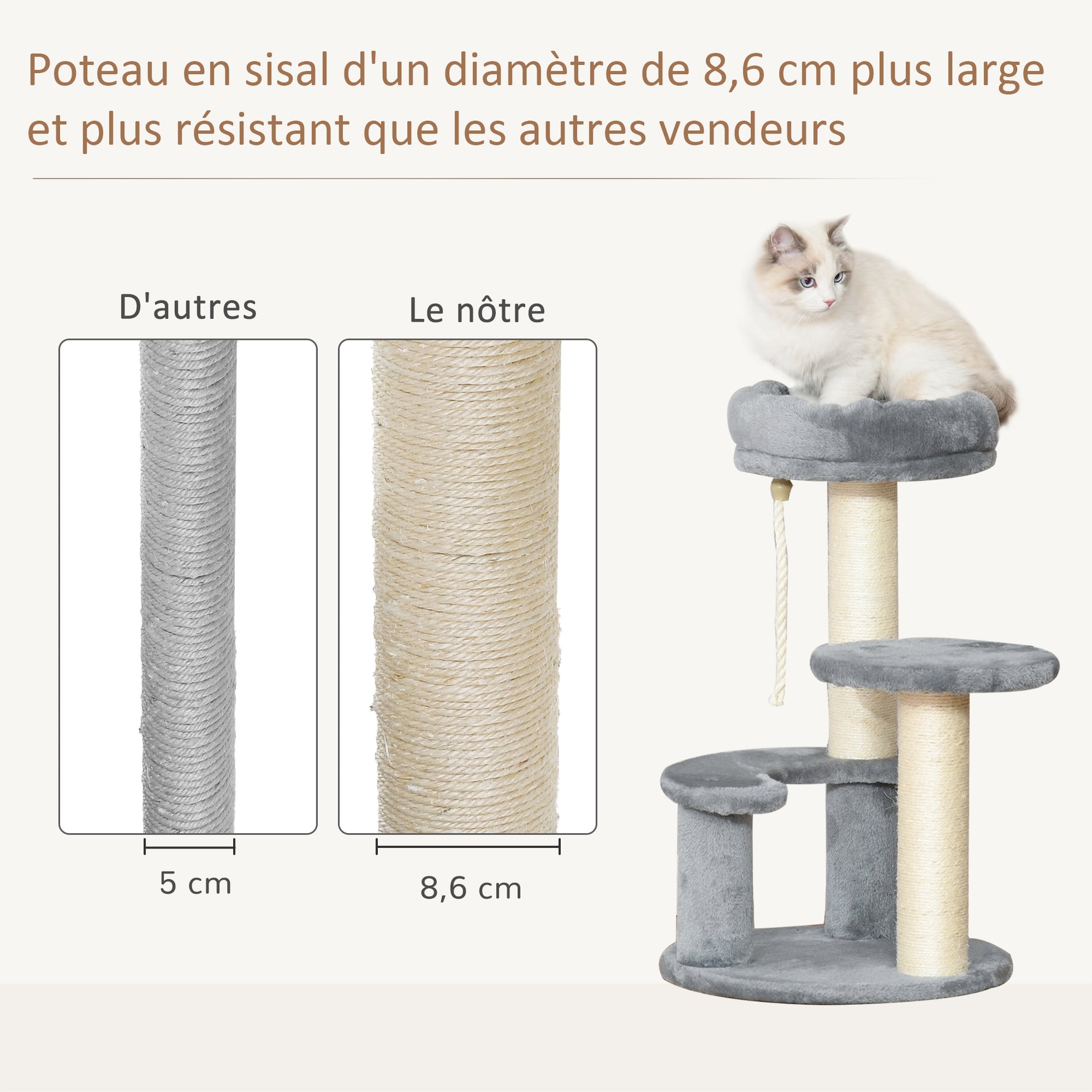 Arbre à chats 2 griffoirs grattoirs sisal naturel 3 plateformes corde à grimper dim. Ø 40 x 65H cm peluche haute densité 500 g/m² gris