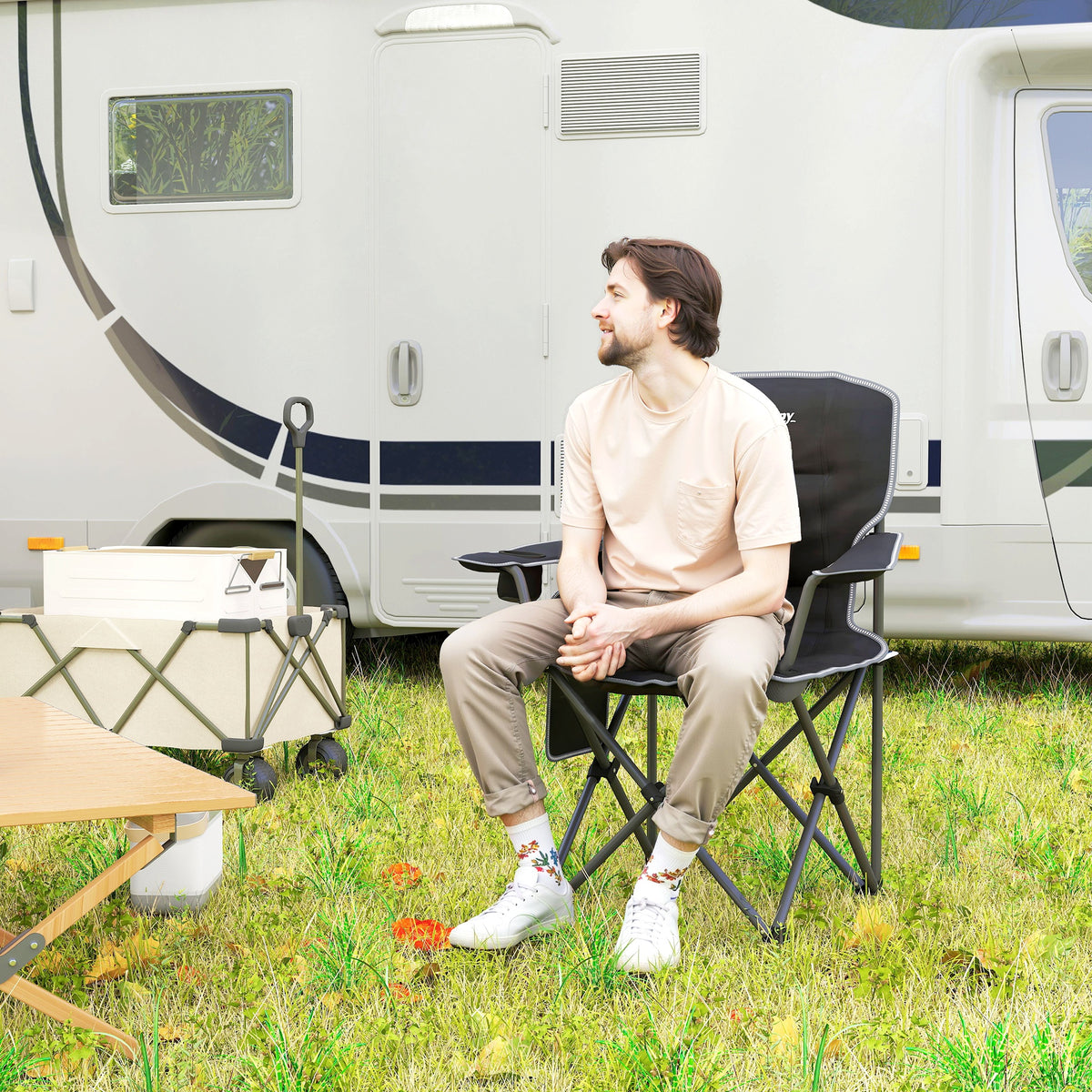 Chaise de camping pliante et portable avec porte-gobelets, poches latérales et sac de transport, noir