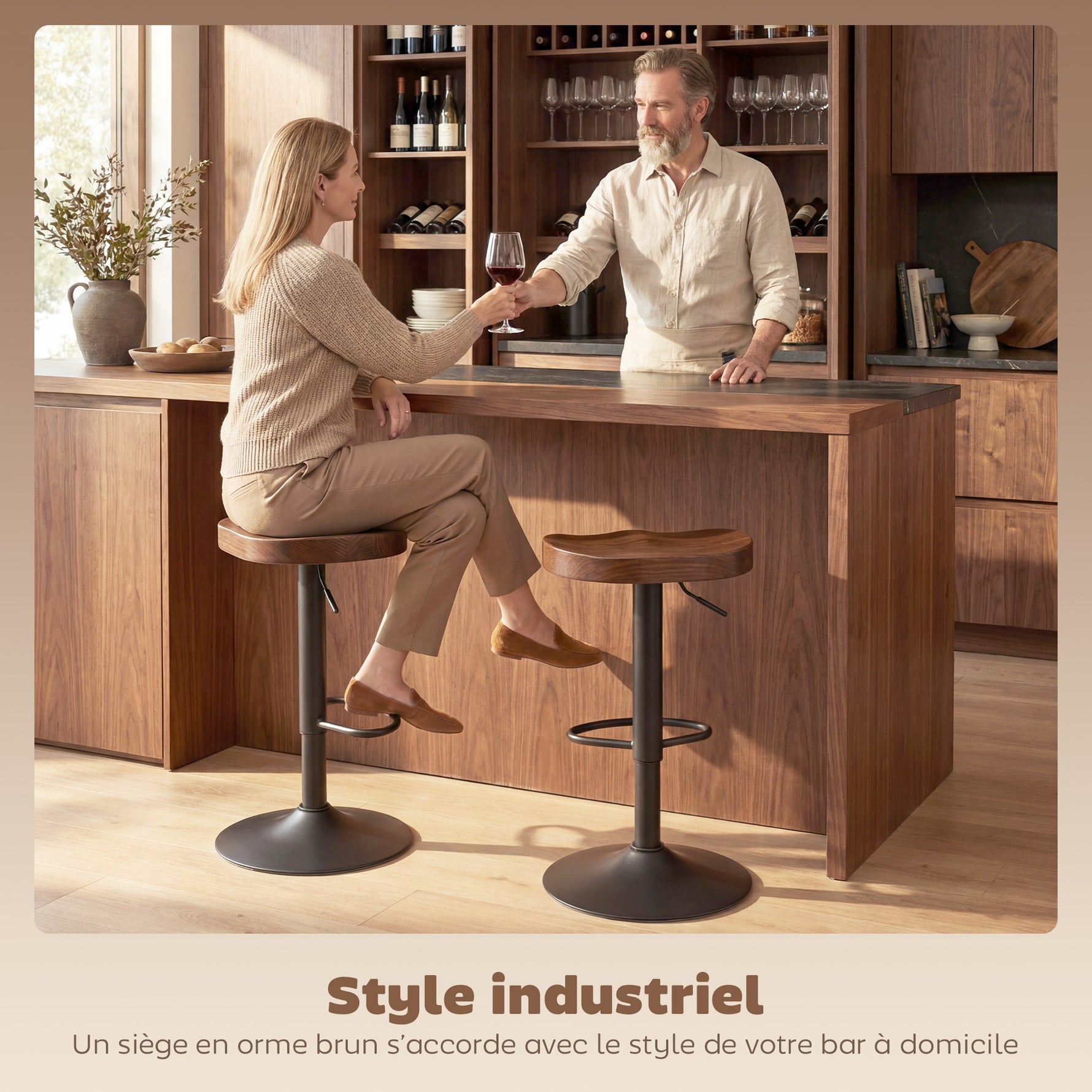 Tabourets de Bar Lot de 2 Réglables Pivotants Chaises de Cuisine avec Siège en Bois d'Orme Marron Foncé