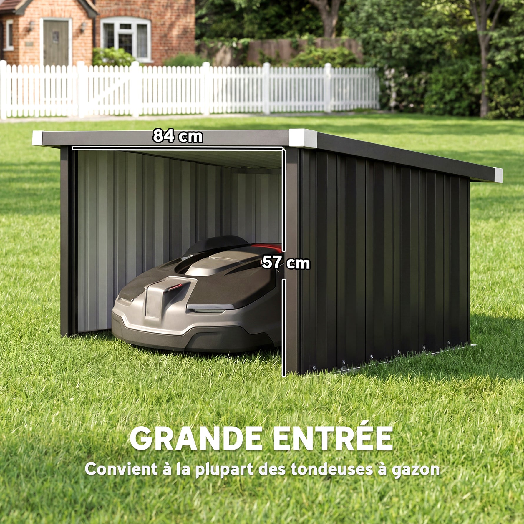 Abri Robot Tondeuse Garage pour Robot Tondeuse avec Toit incliné en acier galvanisé, 108 x 86 x 62,5 cm, gris foncé