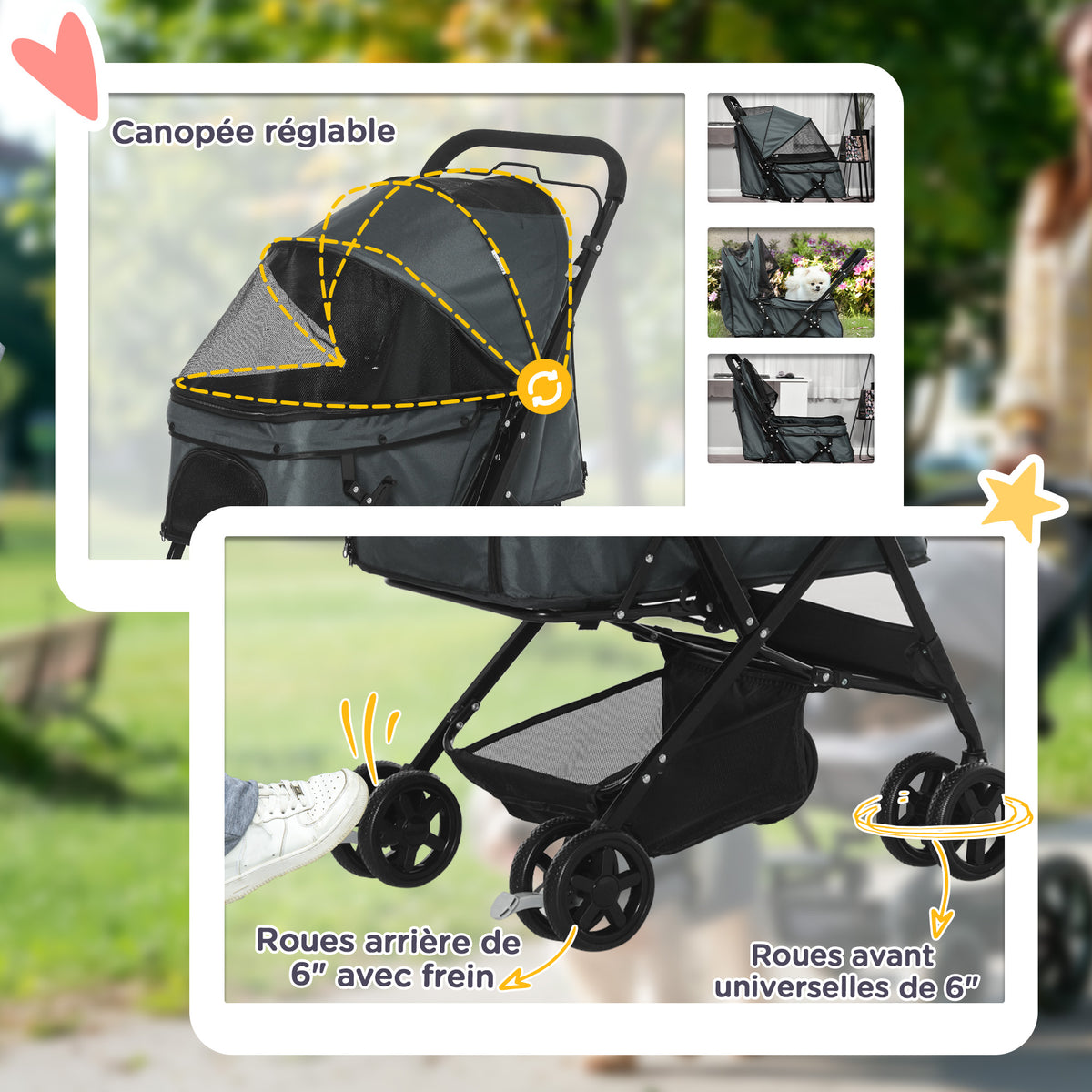 Cochecito plegable para perros y mascotas, 4 ruedas de EVA, manillar ajustable, cesta, 76,5 x 52 x 95 cm