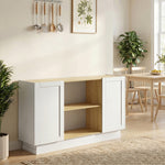 Buffet Cuisine, Meuble de Rangement avec 2 Portes et 2 Étagères Ouvertes, 133 x 35 x 79,7 cm, Bois Naturel et Blanc