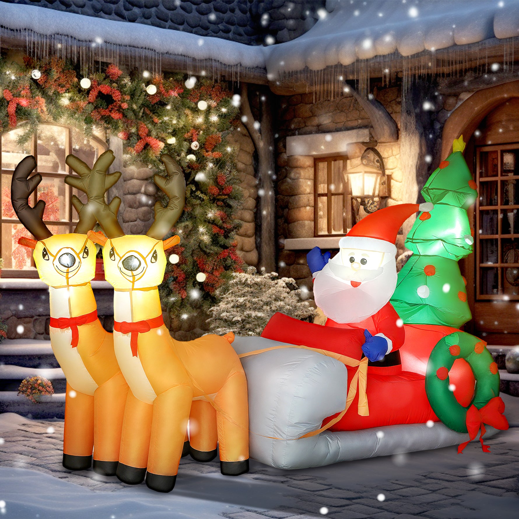 Père Noël gonflable de 2,1 m sur traîneau avec deux rennes, décoration de Noël gonflable avec lumières LED intégrées