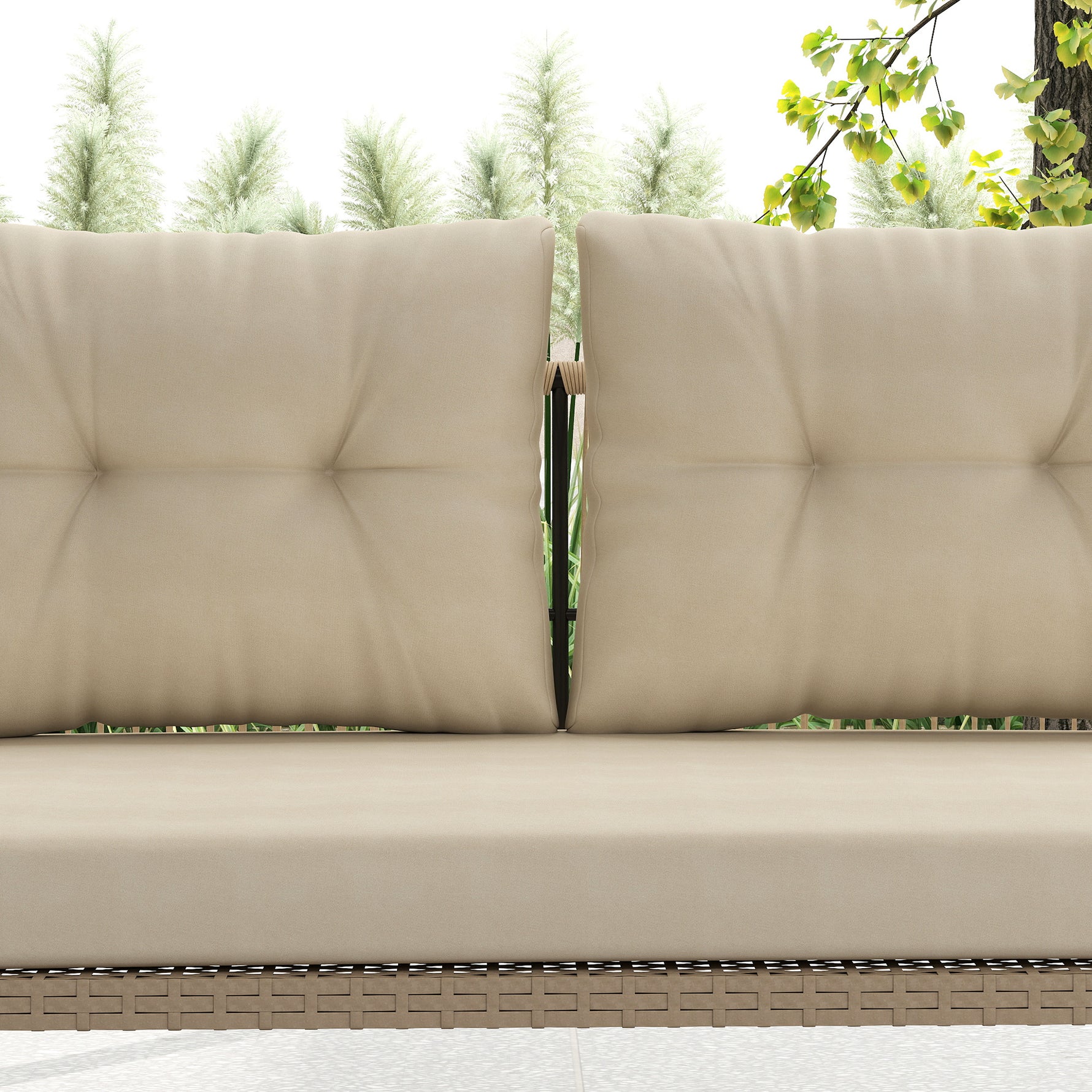 Banc Suspendu Extérieure 2 Places en Résine Tressée avec Coussins et Chaînes en Acier, 115x66x44cm, Beige
