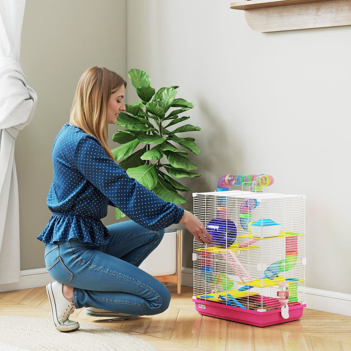 Cage pour Hamster Rongeur 5 Étages avec Tunnels, Mangeoire, Roue, Maison, Échelles, 46 x 30 x 58 cm, Rose
