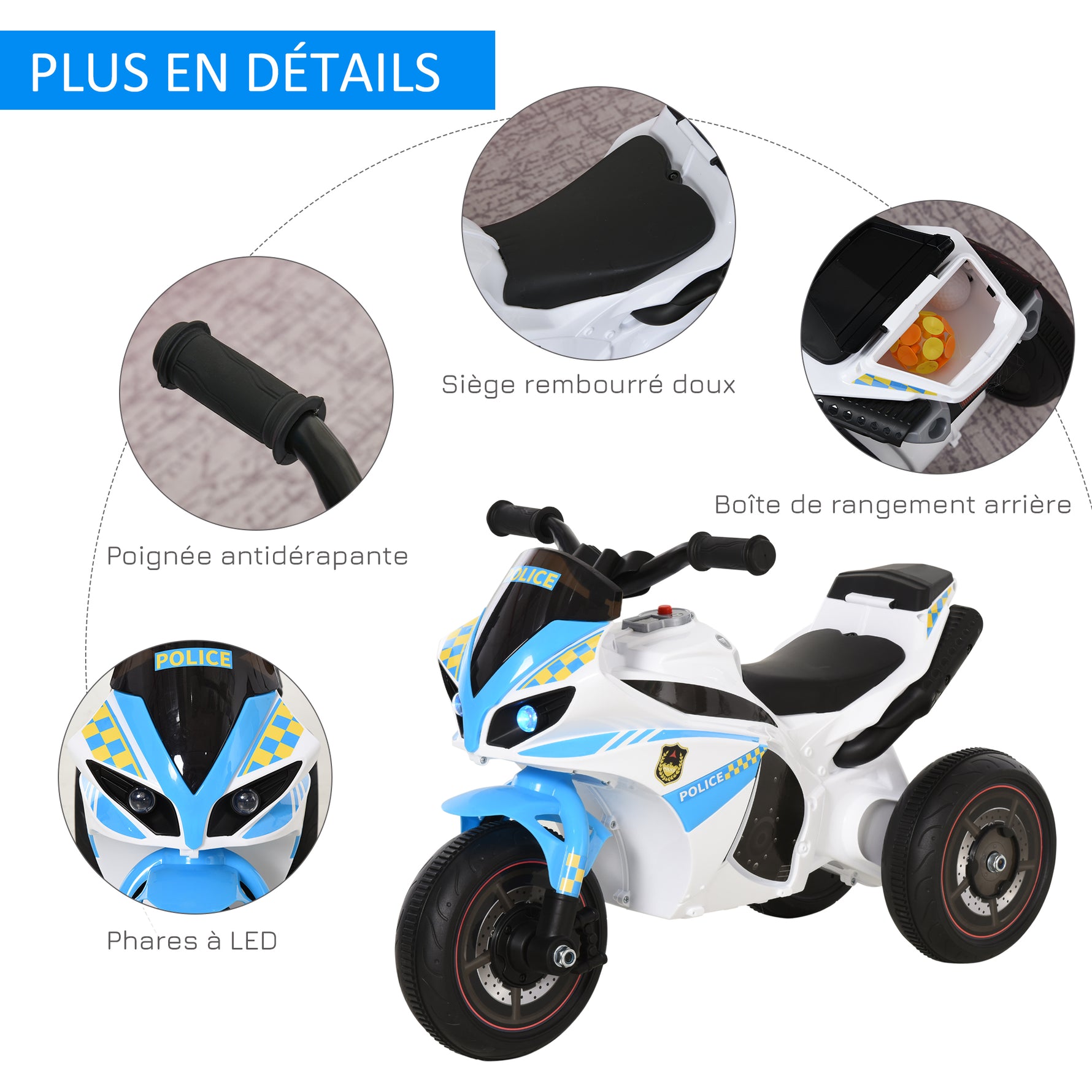 Porteur Enfants Moto de Course Effets musicaux et Lumineux Coffre Rangement Bleu Blanc