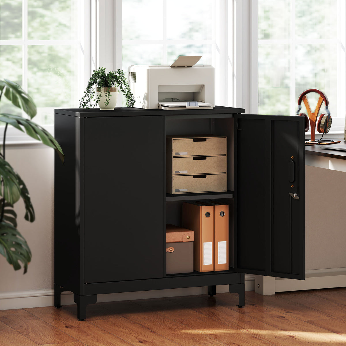 Büroschrank mit 2 Ebenen, Metall-Büroaufbewahrung mit 2 abschließbaren Türen, 80 x 35 x 91 cm, schwarz