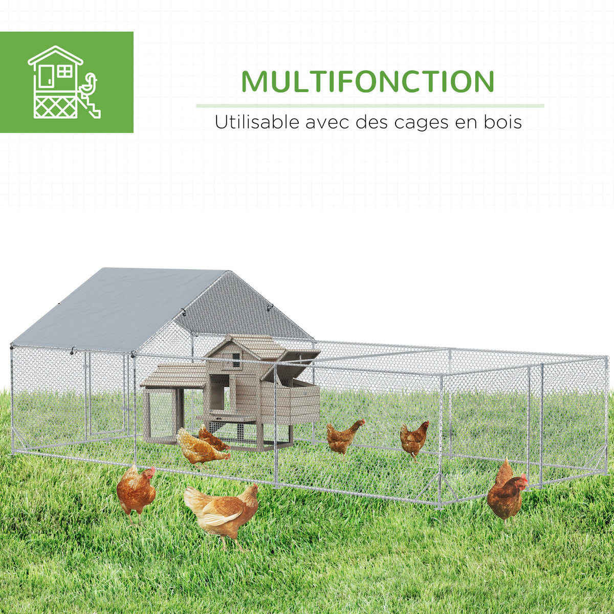 Enclos poulailler parc grillagé extérieur 18 m² chenil volière espace couvert acier galvanisé 6 x 3 x 1,95 m-4