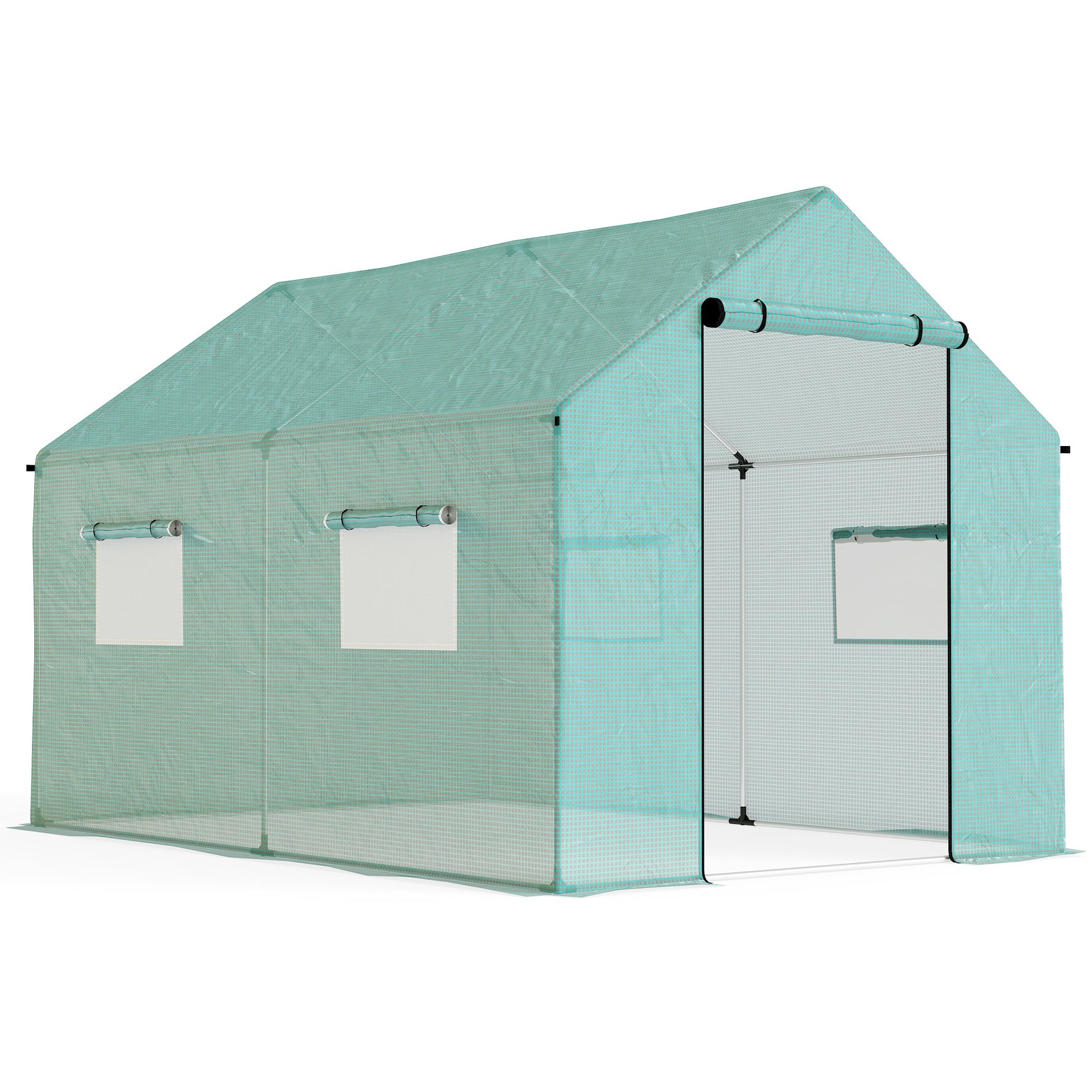 Serre de jardin tunnel 2 x 3m, 6m² avec porte enroulable, 4 fenêtres, - Acier galvanisé PE Haute densité Vert