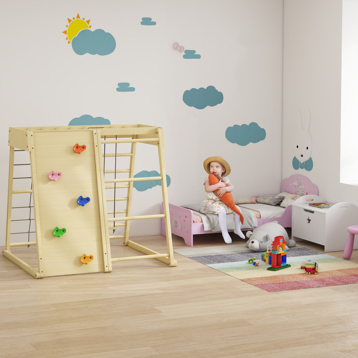 Haurrentzako ohea, 140 x 70 cm - Printzesa diseinuko haurrentzako ohea, gaztelu motiboa - Ohe-sarearekin - MDF kontratxapatua, arrosa