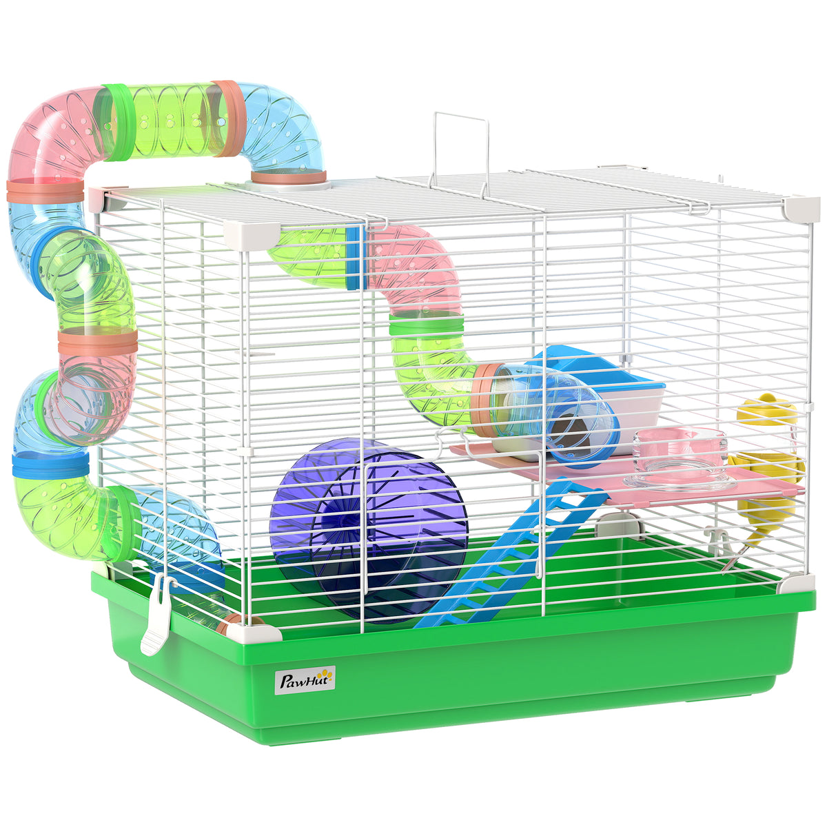 Cage à hamster rongeur 2 niveaux avec tunnel, biberon eau, roue, maisonnette, échelles 46 x 30 x 37 cm vert