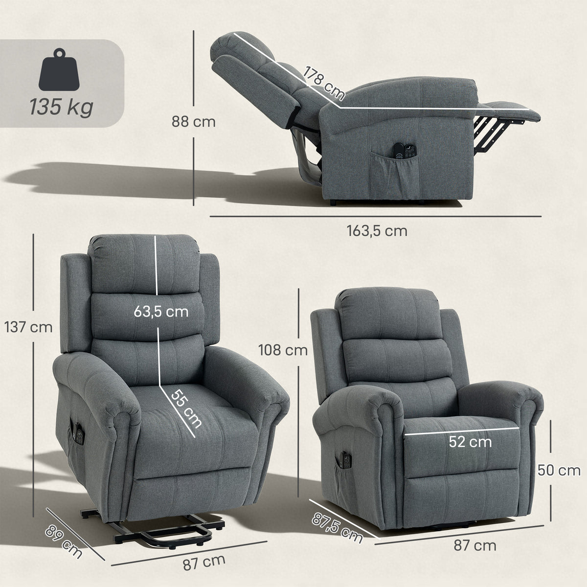 Fauteuil releveur électrique, fauteuil relax électrique avec fonction massage et chauffage, 87 x 87,5 x 108 cm, gris