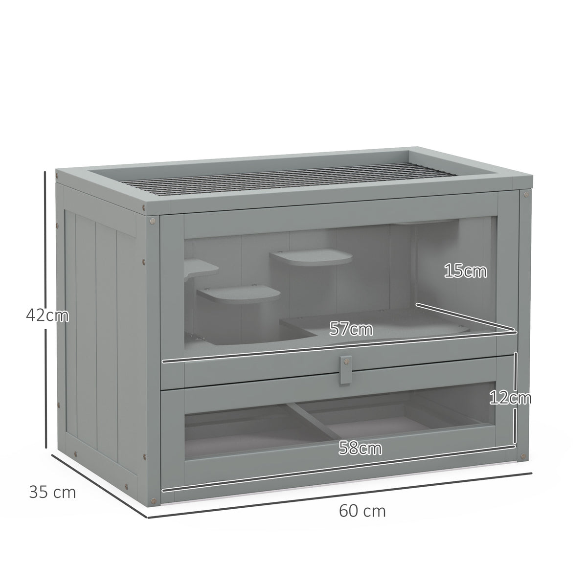 Cage pour hamsters souris petits rongeurs multi-équipements rampe plateformes toit ouvrant grillagé 60 x 35 x 42 cm gris