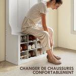 Porte-Manteau 4-en-1 avec Banc, Banc d'Entrée avec 12 Compartiments à Chaussures, 6 Crochets et Étagère Ouverte, Blanc