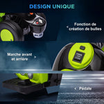 Moto électrique enfants 2-5 ans, 3 roues, 6 V, 3 km/h, avec fonction de bulles, effets lumineux et sonores, vert