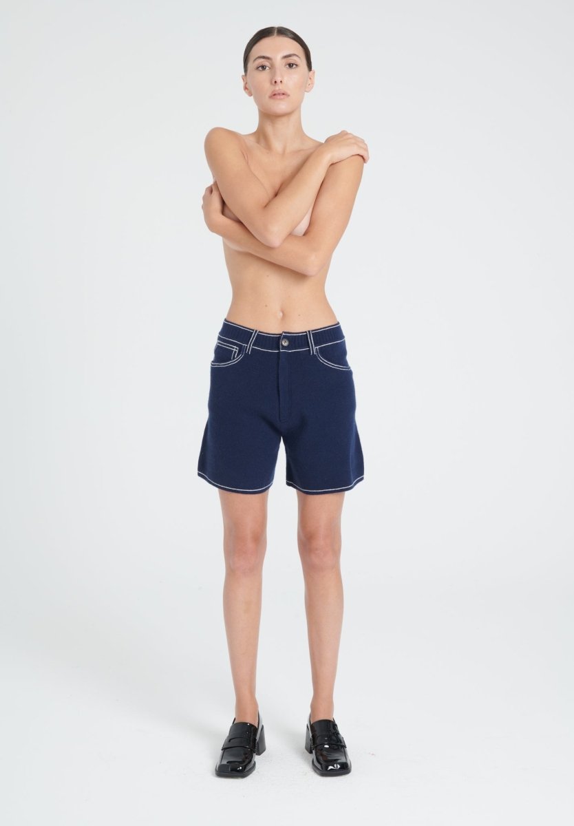 Short femme en cachemire milano bleu marine & blanc écru - ZAYA 15-1