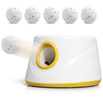Lanciatore di palline automatico per cani, 6 palline in ETPU da 5,8 cm, 3 distanze regolabili (6/10/14 m), 27x27x18,5 cm, giallo