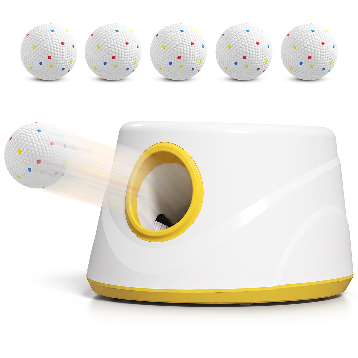 Lanciatore di palline automatico per cani, 6 palline in ETPU da 5,8 cm, 3 distanze regolabili (6/10/14 m), 27x27x18,5 cm, giallo