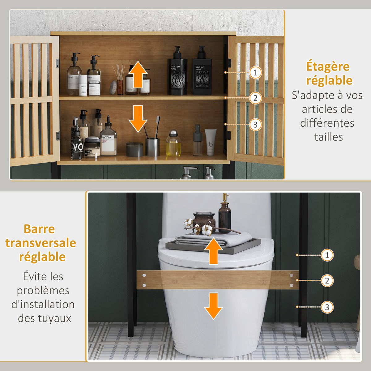 Étagère de toilettes meuble de salle de bain dessus toilette WC avec placard 2 portes et étagère ouverte bambou